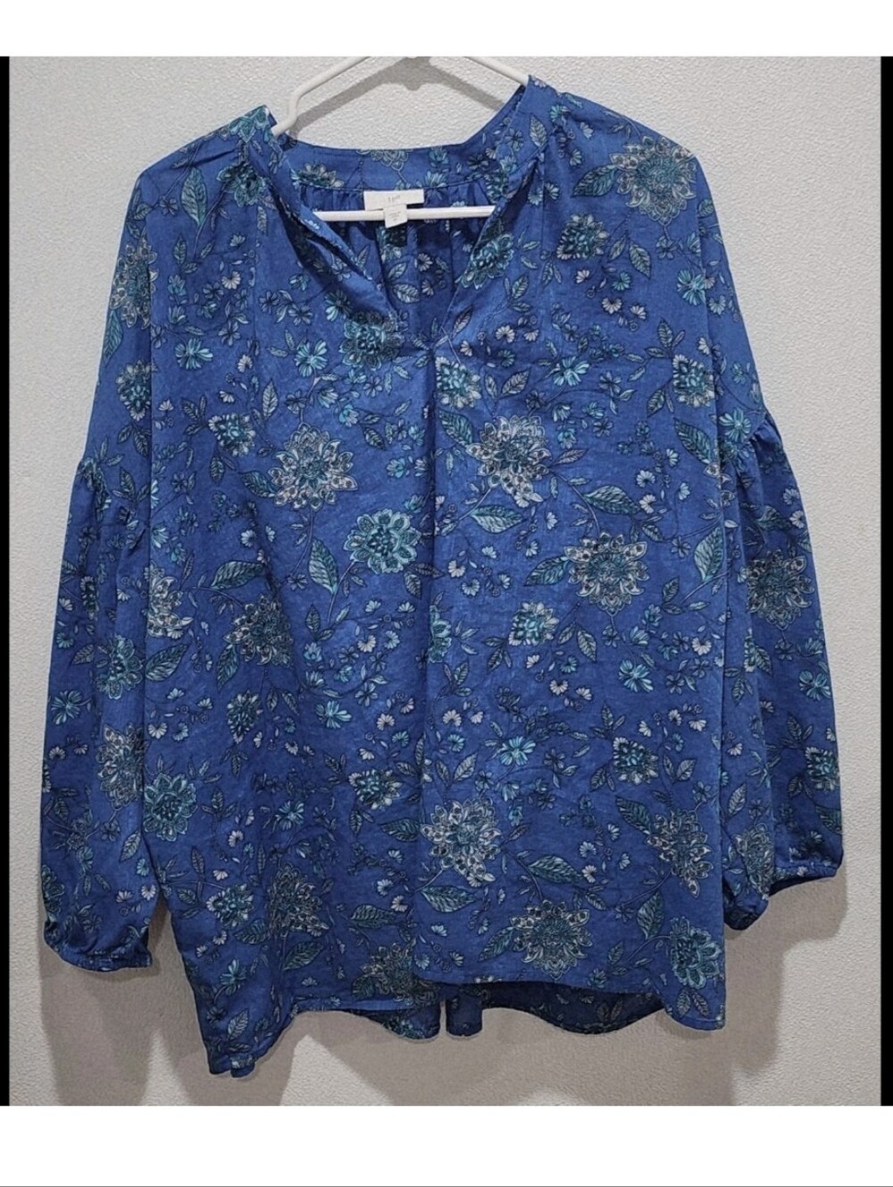 J Jill Peasant Blouse Size 2X Blue Oversized Lightweight Lagenlook Boho